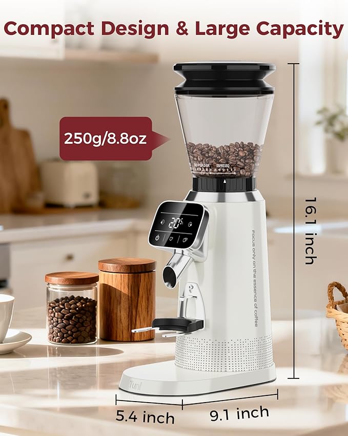 Tuni G2 Conical Burr Coffee Grinder, 70 Grind Settings Anti-static Burr Mill, Precision Electronic Timer and LED Touchscreen for Espresso/Drip/Cold Brew/French Press, Stainless Steel, Ivory