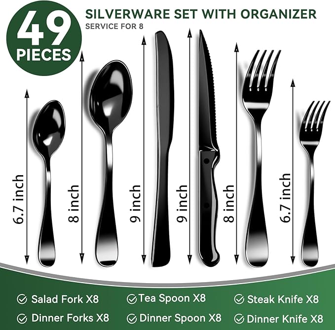 JUNLIN 49 Pieces Black Silverware Set with Steak Knives, Stainless Steel Silverware with Organizer Flatware Utensils Set for 8, Forks and Spoons Silverware Set Cutlery Set