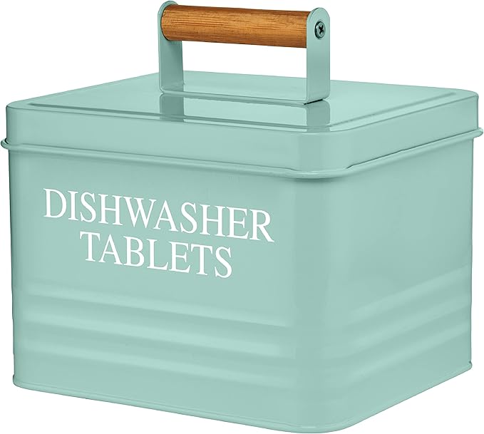 Calindiana Modern Farmhouse Metal Dishwasher Pods Container with Lid for Kitchen Organization and Storage, Kitchen Essentials Decor Accessories, Dishwasher Pods Holder, Mint