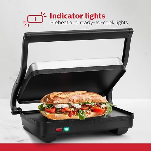 Holstein Housewares Electric Griddle for Toasting Sandwiches, Various Snacks - Black/Stainless Steel (260 x 170mm)