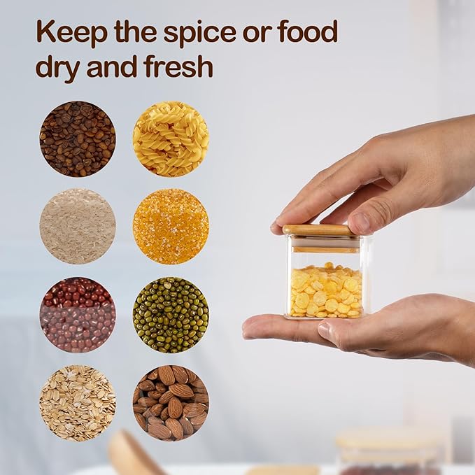D2scrma 5oz Airtight Square Spice Containers with Bamboo Lid Set of 12 with Black Lables Storage Stackable Spice Jar, Kitchen Canister for Sugar, Tea, Flour, Salt and Seasonings (‎Clear Glass)