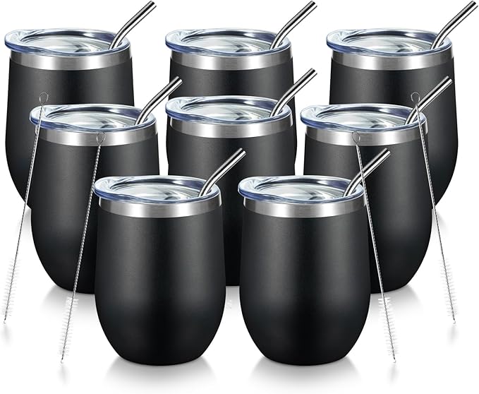 COMOOO 12oz Stainless Steel Drinking Cup - Bulk with Lid and Straw, Double Wall Vacuum Insulated, for Hot and Cold Drinks, Coffee, Cocktails, Black, 8 Pack