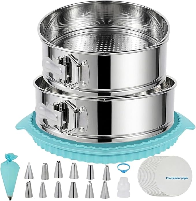 Aufind Springform Pan Set for Baking (9,10inches), 304 Stainless Steel Springform Cake Pan with Removable Bottom, Cheesecake Pan with 50PCS Parchment Paper for Pie Cake Pizza and Quiches