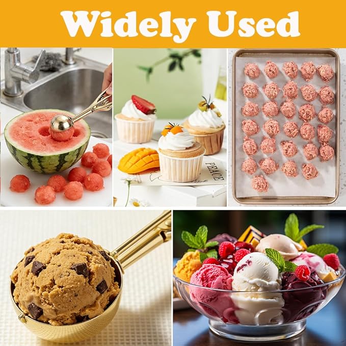 Gold Ice Cream Scoop 304 Stainless Steel Cookie Scoops for Baking Melon Baller with Trigger 3 Sizes (Gold, S/M/L)