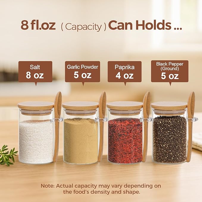 ComSaf 12 Pcs Glass Spice Jars and Spoons, 8oz Glass Containers with Bamboo Lids, Storage Containers with Airtight Lids with Black Labels for Seasonings, Salt, Loose Leaf Tea Storage