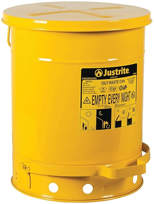 Justrite 10 Gallon Galvanized Steel Oily Waste Can, 18" x 14" Metal Oil Rag Safety Can with Foot Operated Self-Closing Lid for Oil Rag Disposal, Made in The USA, Yellow, 09301
