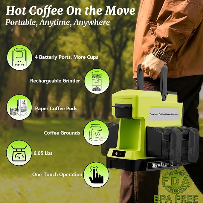 Cordless Coffee Maker for Ryobi 18V Battery, 3 Brewing Options Drip Coffee Maker with Coffee Grinder, Portable Single Serve Coffee Makers for Camping, Travel, and Jobsite. (Tool Only)