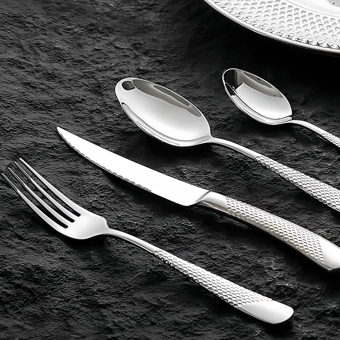 24 Pcs Flatware Set for 6 Persons, Stainless Steel Steak Knife Silverware Set Including Forks and Spoons for Home, Restaurant, Wedding, Party