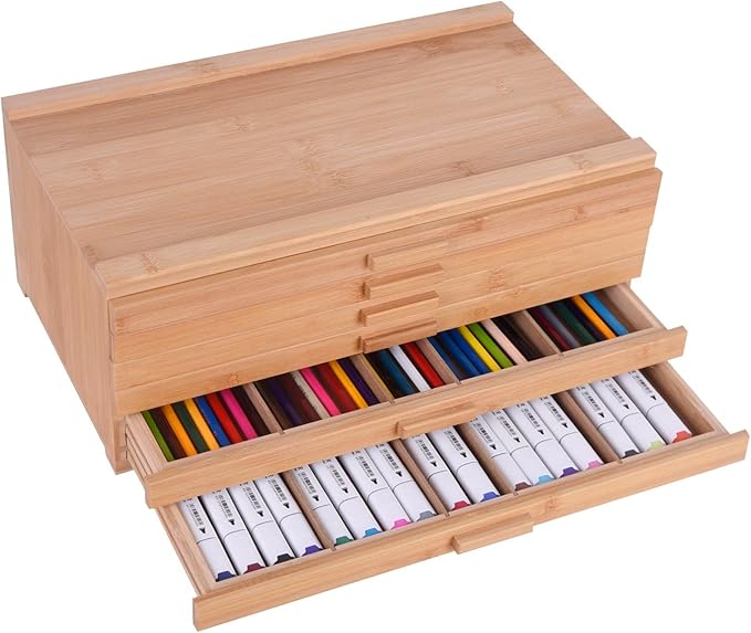 Vencer 6 Drawer Bamboo Artist Supply Storage Box with Separate Compartments for Organizing Pencil,Pen,Pastel,Marker Set,Brushes & Stamp,VAO-007