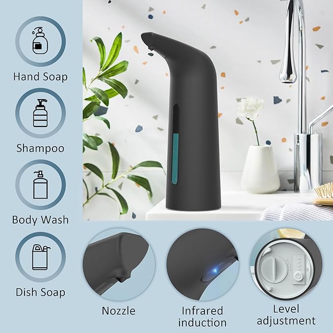Automatic Soap Dispenser Touchless,400ML Hand & Dish Countertop Electric Liquid Dispenser with Sensor,Modern 4 Gear Adjustable Black Waterproof Battery Operated Kitchen Auto Soap Pump