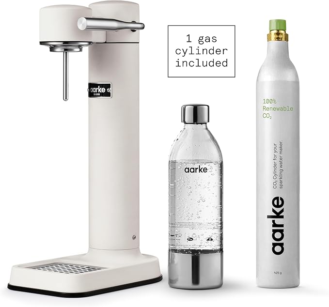 Aarke Carbonator lll with CO2 Cylinder, Sparkling & Carbonation Water Machine, Stainless Steel with PET BPA-Free Reusable Bottle Volume 1L/34 fl oz (Matte White)