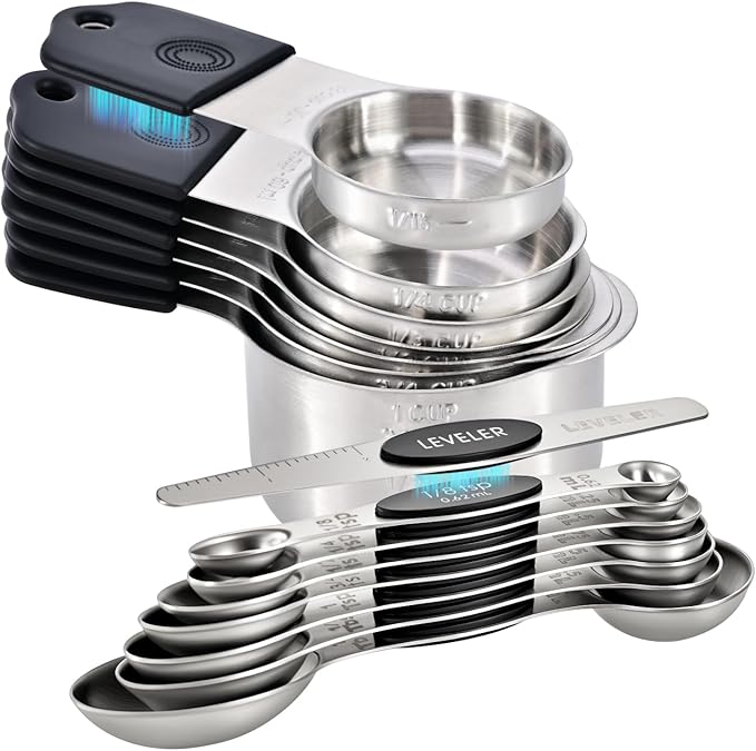 16-Piece Magnetic Measuring Cups and Spoons Set, Stainless Steel with Non-Slip Silicone Handles and Leveler, Essential Kitchen Baking Tools (Black)