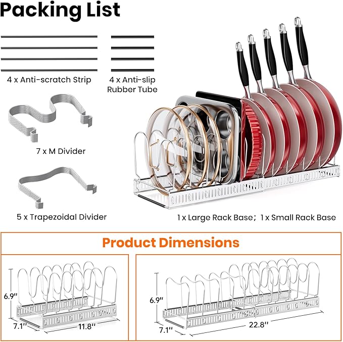 MUDEELA Pot Rack - Expandable Pots and Pans Organizer under Cabinet, Pot Lid Organizer Holder with 12 Adjustable Compartment, Kitchen Cabinet Organizer and Storage for Cutting Board, Skillets Pan