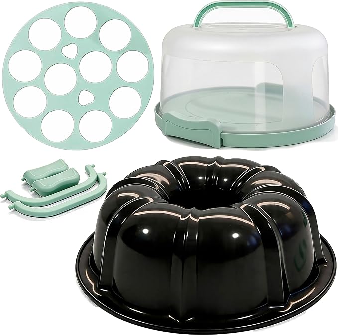 10 inch Buntz Cake Pan Non stick with 12in Cake Carrier for Easy Transportation - Premium Fluted Cake Pans For Oven, Cake Mold, Moldes para Gelatinas