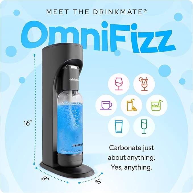 Drinkmate OmniFizz Sparkling Water Maker & Soda Streaming Machine | Carbonates Any Drink | BPA-Free Bottle | No Batteries or Electricity Required | CO2 Not Included (Matte Black)
