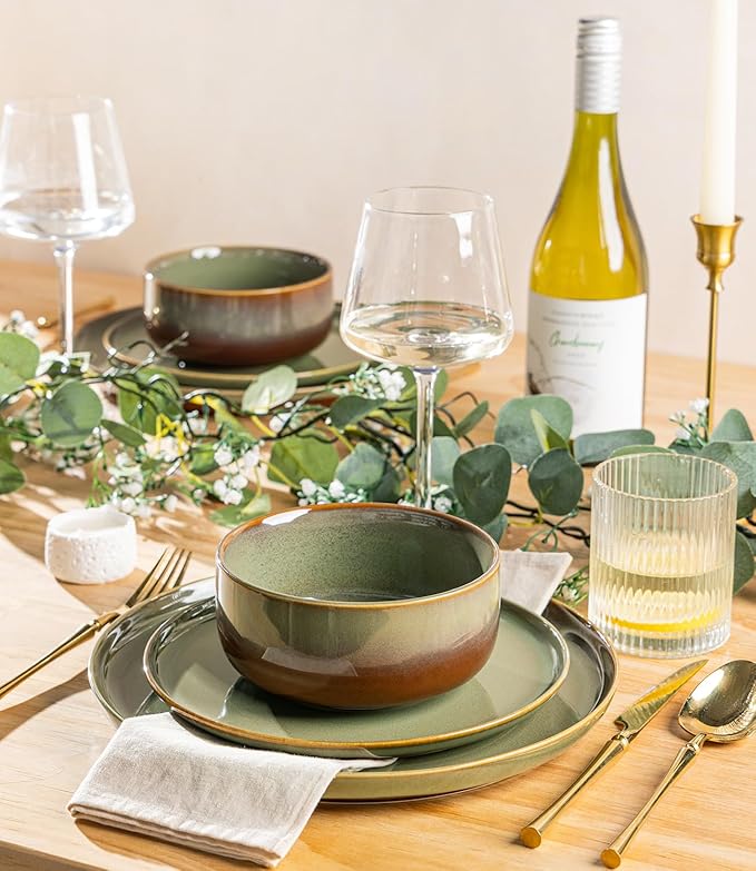 TheTerra Ceramic Dinnerware Sets for 6, 18 Pieces Handmade Reactive Glaze Plates and Bowls Set, Scratch Resistant Dish Set, Oven & Microwave & Dishwasher Safe, Brown Green