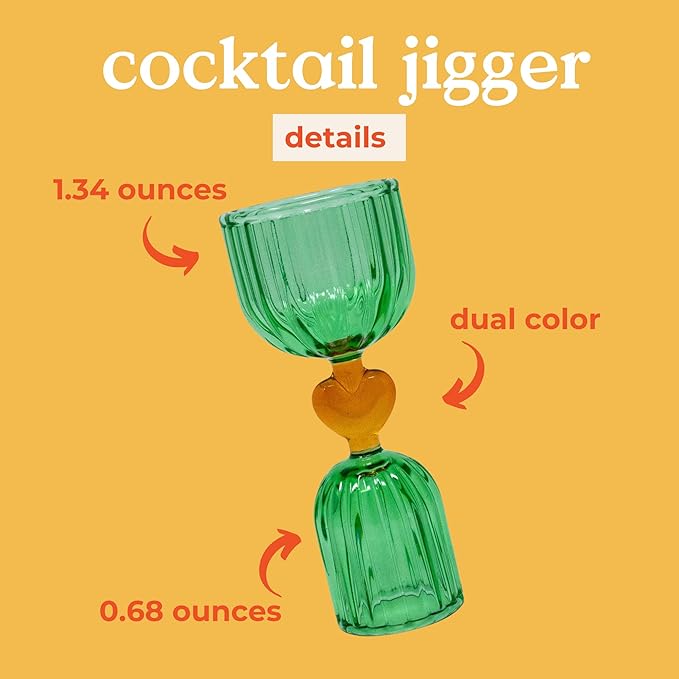 ban.do Retro Cocktail Measuring Jigger, Double Jigger Shot Glass, 1/2 and 1 Shot Measuring Cup, Vintage Style Green Glass Bar Tool for Measuring and Bar Cart Decor (Tipsy Turvy Green)