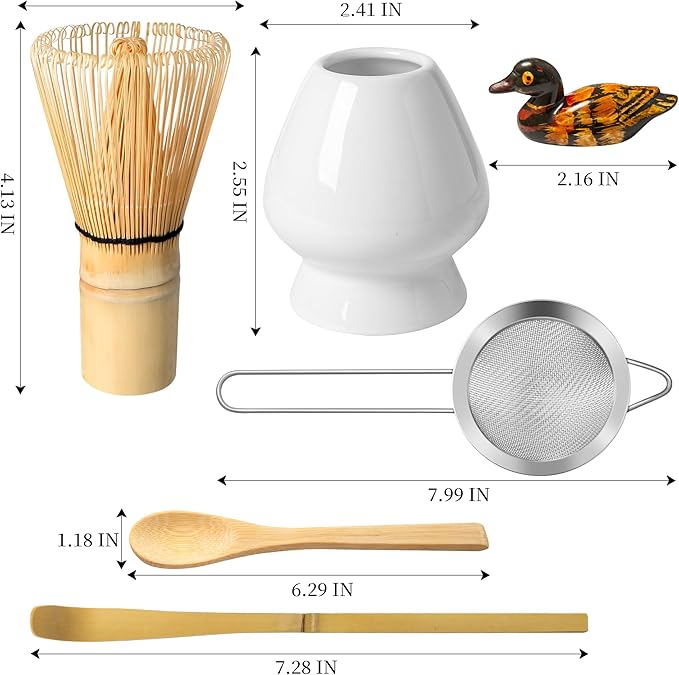 Matcha Whisk Set, Matcha Making Kit Whisk (Chasen Holder), Ceramic Whisk Holder (White), Bamboo Scoop, Powder Starter Sifter, Spoon Japanese Tea Tools For Ceremony Gift
