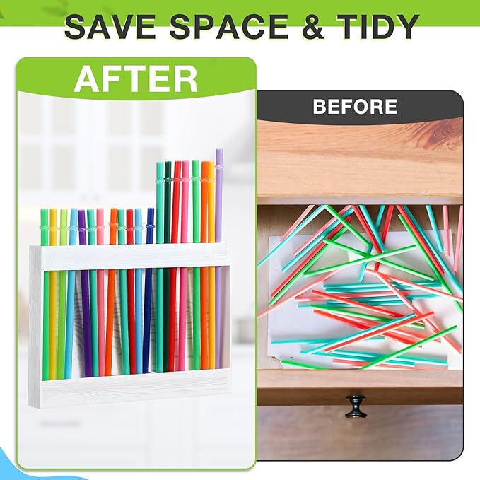 Qinyoung Acrylic Straw Holder for Cabinet Door with Double Sided Adhesive Tape Reusable Straw Organizer Tumbler Storage Kitchen Accessories Container for Counter Cupboard(Wood Texture,Large,White)