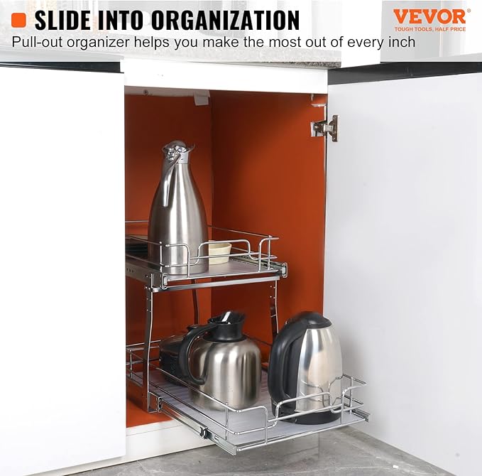 VEVOR Pull Out Cabinet Organizer, 14" Wx21.2 Dx15.2 H Heavy 2 Tier Duty Slide Out Pantry Shelves, Chrome-Plated Steel Roll Out Drawer for Under Sink, 15.5" Wx22.5 Dx19 H Install Size for Cabinet