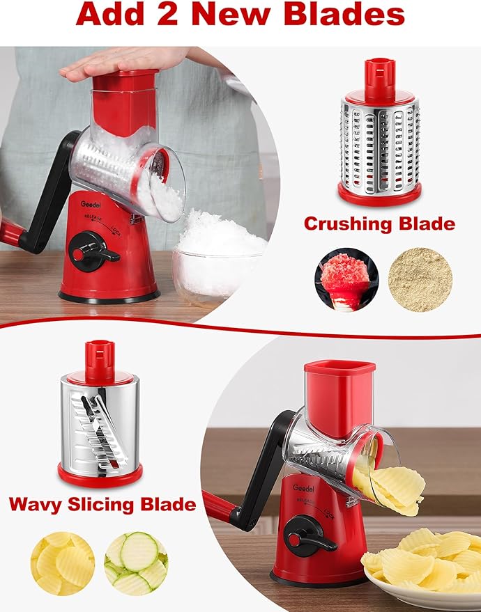 Geedel Rotary Cheese Grater Cheese Shredder with 5 Interchangeable Blades - Upgraded Rotary Grater Featuring Strong Suction Base for Cheese Shredding, Wavy Slicing, Nut Grinding, and Ice Shaving