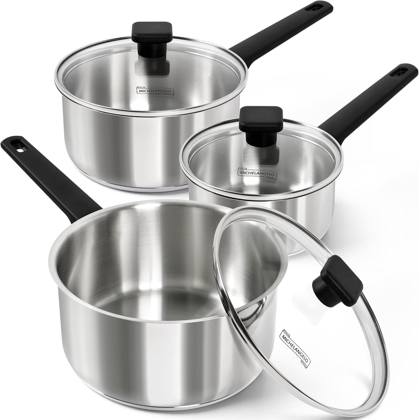 MICHELANGELO Stainless Steel Sauce Pan with Lid 1QT & 2QT & 3QT, TriPly Stainless Steel Saucepans with Straight Bakelite Handle & Square Lid Knob, Nonstick Sauce Pans Set, Induction Compatible
