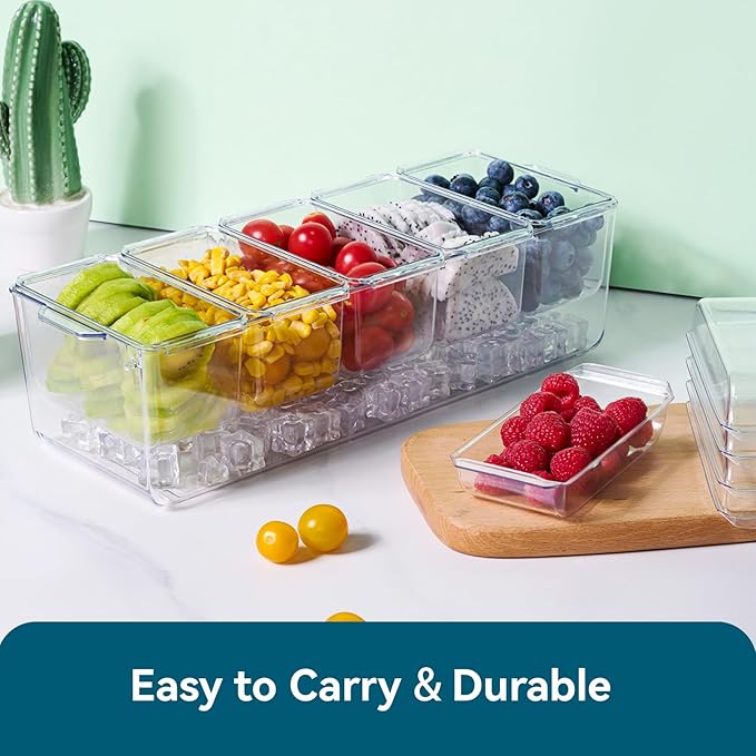 Chilled Condiment Tray Server with 5 Containers and Removable Compartments, Large Ice Chilled Condiment Organizer, Clear Garnish Serving Platter for Fruit, Salad, Food, Bar Accessories