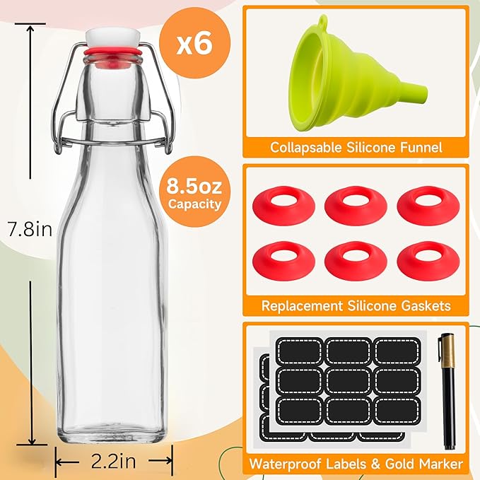 WILLDAN Set of 6-8.5oz Swing Top Glass Bottles - Flip Top Brewing Bottles For Kombucha, Kefir, Vanilla Extract, Beer - Airtight Caps and Leak Proof Lids, Bonus Gaskets and Funnel