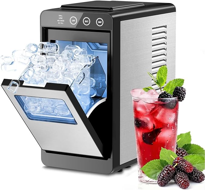 Kismile Countertop Ice Maker, 8 Bullet Cubes in 6 Mins, 26.5lbs in 24Hrs, 2 Ice Sizes, Self-Cleaning Portable Ice Maker with Basket and Scoop, for Home/Office/Camping/RV, Silver