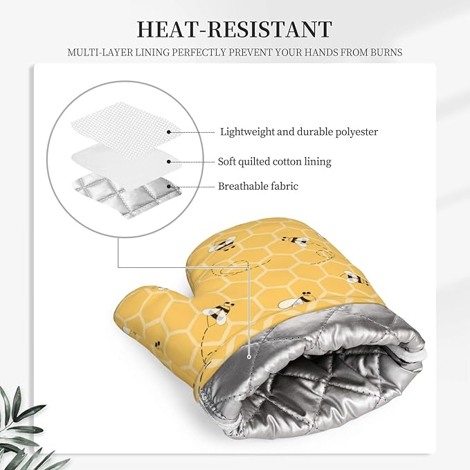 Yellow Honey Honeycomb Cute Bee Oven Mitts And Pot Holders Set Of 4 Silicone Heat Resistant Oven Mitten Potholders Non Slip Gloves Kitchen Decor For Bbq Cooking Grilling Baking