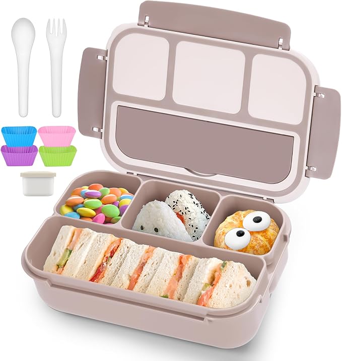 QQKO Bento Box Adult Lunch Box, Lunch Containers for Adults Men Women, Kids Lunch Boxes for School with 4 Compartments, Sauce Container, Utensils and Muffin Cups, Brown