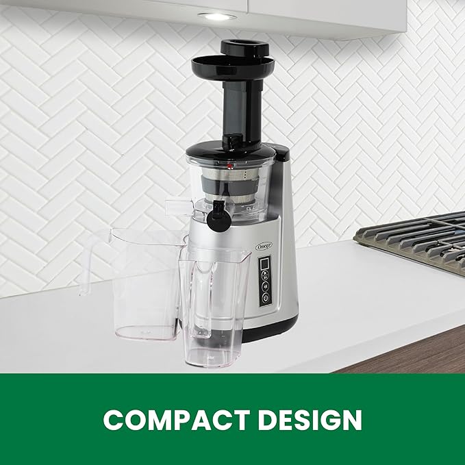 Omega Juicer Cold Press 365 Vertical 65 RPM Slow Masticating Compact Extractor for Fruits and Vegetables with 3 Stage Auger & BPA-Free Container, 150-Watts, Silver