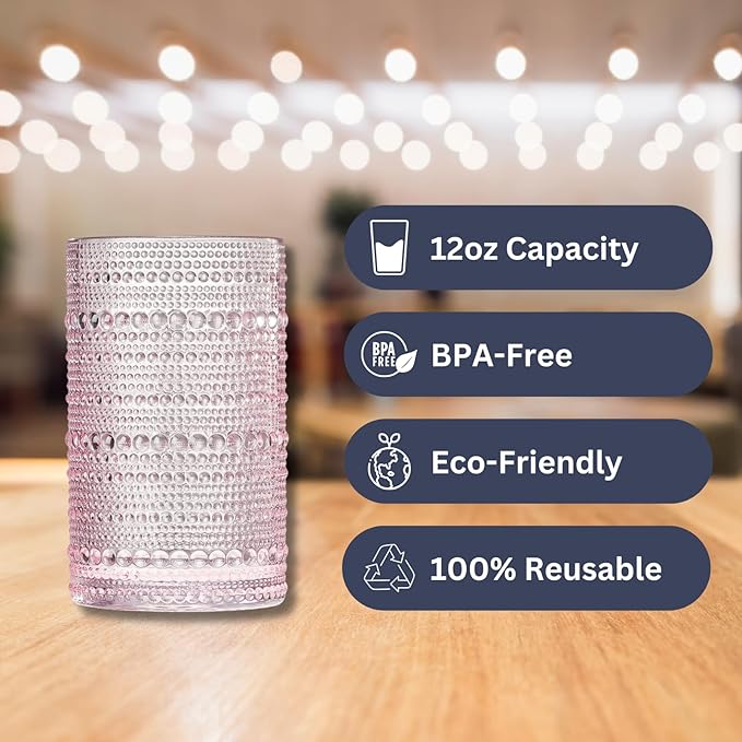 Khen Hobnail Beaded Highball Drinking Tumbler Glasses | Set of 6 | Pastel Pink, Vintage Bubble Whiskey Glassware, Embossed Cocktail, Water, Rocks Glass