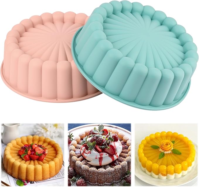 HUAKENER 2 Pcs Charlotte Cake Pan, 8 Inch Round Cake Pan, Nonstick Silicone Cake Molds for Cheese Cake, Chocolate Cake, Rainbow Cakes, Strawberry Shortcake, Brownie Tart Pie, Bule and Pink