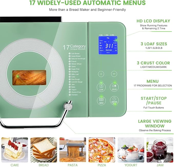 2.2LB Larger Bread Maker Machine with Dual Heaters, 17-in-1 Bread Machine With Die-Cast Ceramic Pan & Auto Fruit Dispenser, Full Stainless Steel Breadmaker, 15H Timer&Keep Warm, Sourdough, Gluten-Free