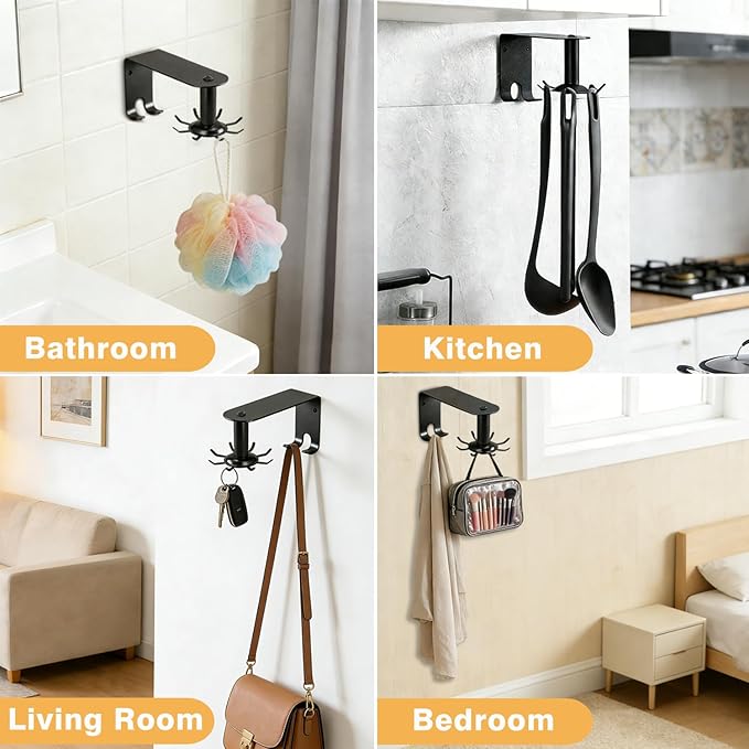 Kitchen Utensil Hanger, Metal Steel Utensil Hooks 360° Rotatable Utensil Rack Wall Mounted with 10 Hooks for Cabinet Kitchen Bathroom