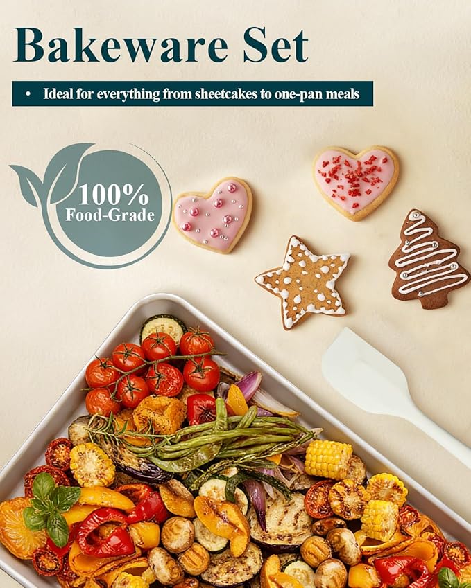 7PCS Ceramic-Coated Baking Sheet Set - 10x15in Jelly Roll Pan Non-Stick Cookie Sheet with Wire Rack, Silicone Spatula & 4 Cookie Cutters, PFAS Free, Oven Safe (550°F), Pistachio Green