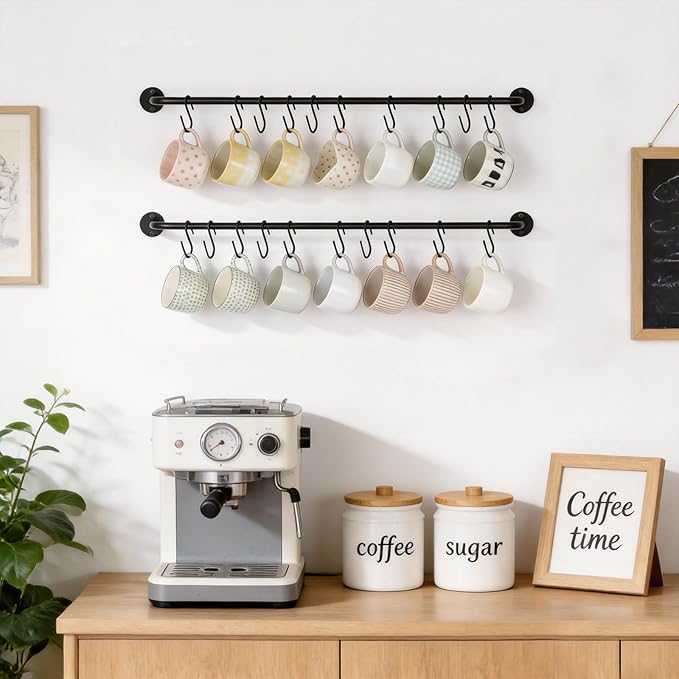 Mkono Mug Holder Wall Mounted Coffee Cup Rack Hanger Modern Metal with 20 Mug Hooks Rustic Utensil Tea Cups Storage Organizer for Kitchen Dining Room Coffee Bar, Set of 2, Black