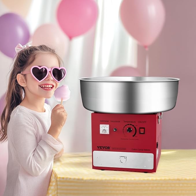 VEVOR Electric Cotton Candy Machine, 1000W Commercial Candy Floss Maker with 20.5 in Stainless Steel Bowl, Sugar Scoop, and Drawer, Easy Home Use, Perfect for Kids Birthday, Family Party, Red