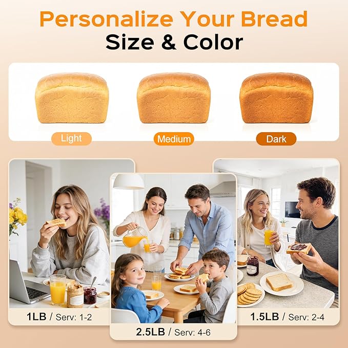 2.5LB Bread Maker with Built-in Electronic Scale, 25-in-1 Bread Machine, Beginner-Friendly with Adjustable Baking & Fermentation, Non-Stick Easy-Clean Pan, Quiet, 15H Delay, Recipes, White
