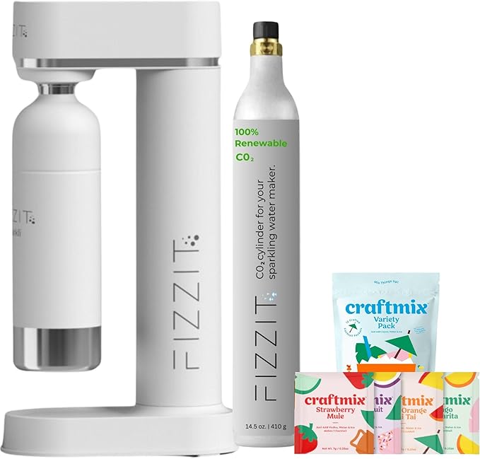 Fizzit Stainless Steel Sparkling Water Maker Bundle | Includes Soda Maker, CO2 Cylinder, & 12-Flavor Variety Pack | Customizable Carbonated Water Machine, Reusable bottle & Eco-Friendly