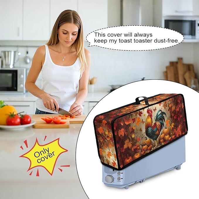 Thanksgiving Toaster Cover 2 Slice Maple Leaf Rooster Cover for 2 Slice Slim Toaster, Water-Resistant Dust Covers for Kitchen Appliances, Machine Washable