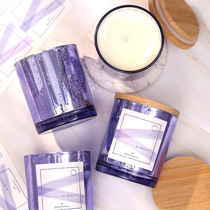 LAMORGIFT 12 Pack Glass Jars with Lids (10oz, Purple) - Making Containers for Candles - Mercury Glass Jars Include 15 Pcs Labels