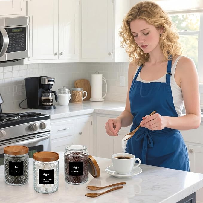 3 Pack 24 oz Glass Coffee Container with Wooden Tray Lid Spoon Labels Clear Airtight Glass Jar Food Storage Kitchen Canisters Set Decorative Coffee Bar Containers for Sugar Candy Tea Flour