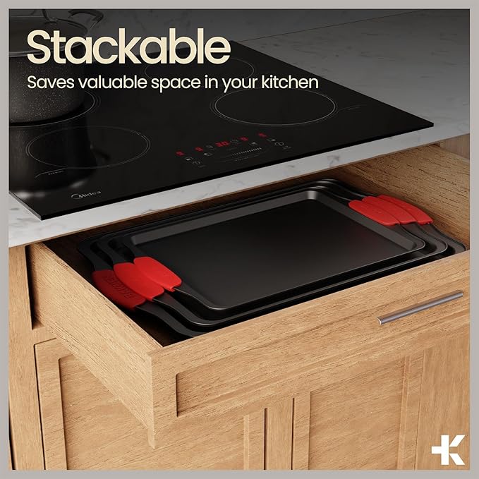 BAKKENMASTER Baking Set – 6 Piece Kitchen Oven Bakeware Set – Deluxe Non-Stick Black Coating Inside and Outside – Carbon Steel – Red Silicone Handles – PFOA PFOS and PTFE Free by Bakken