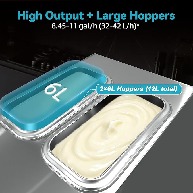 Commercial Soft Serve Ice Cream Machine, 115V Floor Standing, 32-42L/H Output, 2 x 6L Hoppers, True Independent Left/Right System, 2 Compressors, Smart Displays