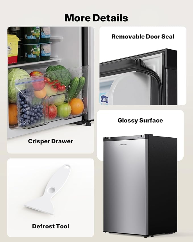 Upstreman 3.2 Cu.Ft Mini Fridge with Freezer, Single Door Compact Refrigerator, Adjustable Thermostat, Small Refrigerator for Dorm, Bedroom, Office, Stainless Steel-SR321