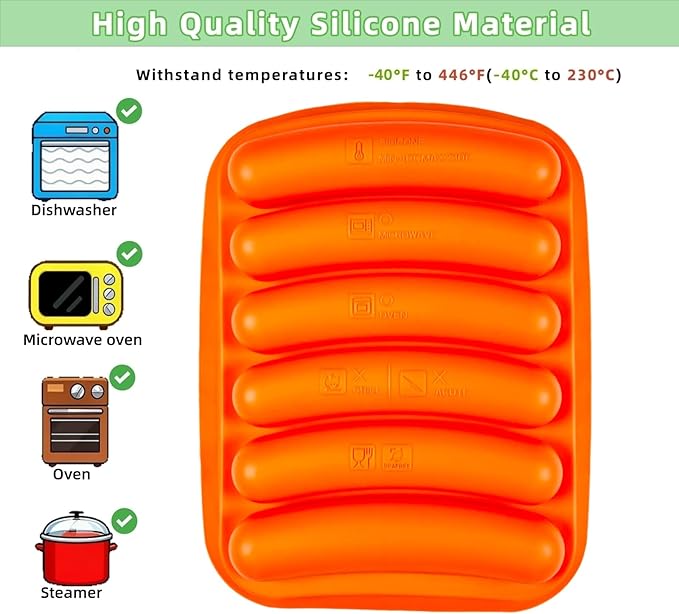 Silicone Sausage Mold 2 Pcs with a Set of Silicone Brush Spatula and 25x Pastry Bags, Non-Stick Hot Dog Bun Pan, DIY Handmade Ham Sausage, Hot Dogs Baking Mold for Children's Food with Lid, Orange