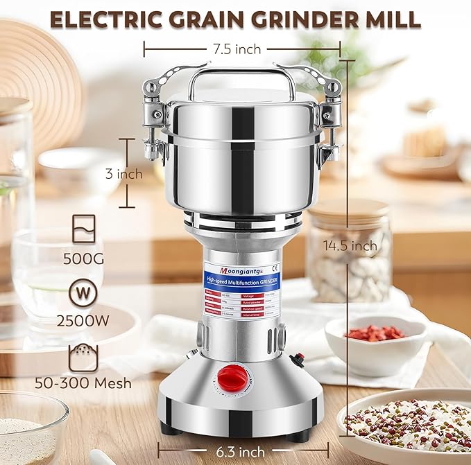 Moongiantgo 500g Grain Grinder Mill Electric Spice Grinder 2500W High-speed Grinding Machine 50-300 Mesh Stainless Steel 110V Pulverizer Dry Grinder (Timer Switch)