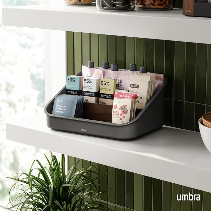 Umbra Bellwood Packet Organizer, Divided Tray for Pantry Ingredients and Other Small Items, Made of Durable Plastic and Wood, Walnut/Black